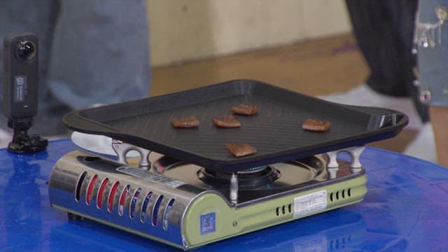 Pork rinds cooked indoors on a portable burner