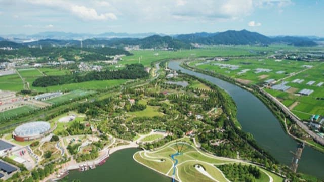 Lush green landscape by the river