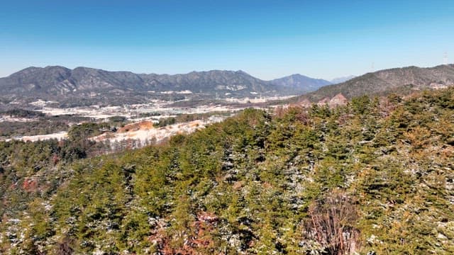 Snowy Landscape with Greenery and Mountains