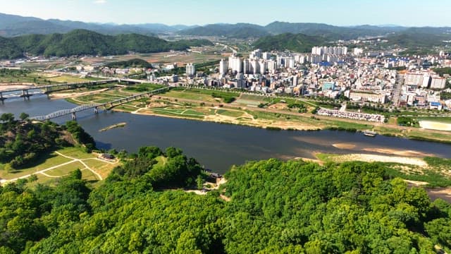 Cityscape with a river and green forest