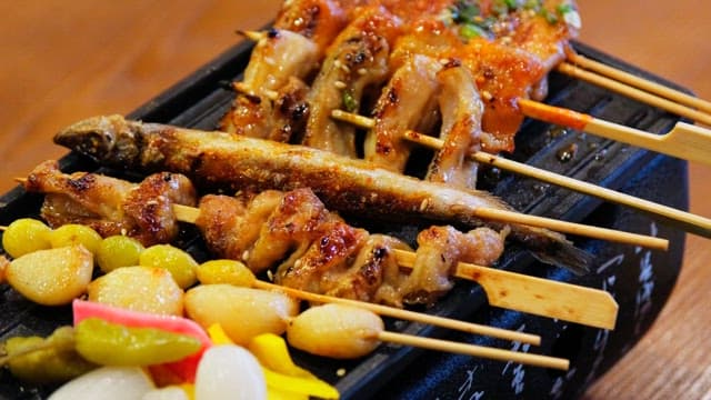 Various types of skewers grilled until golden brown