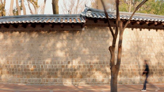 People walking along a traditional Korean wall