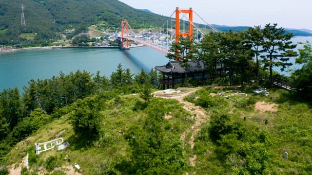 Aerial View of Vibrant Suspension Bridge Surrounded by Green Nature