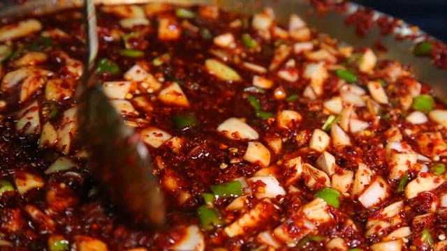 Spoonful of seasoning made with red pepper powder, soy sauce, and hot pepper