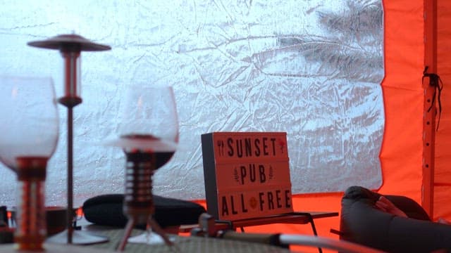 Inside a fine and cozy tent on a rainy day