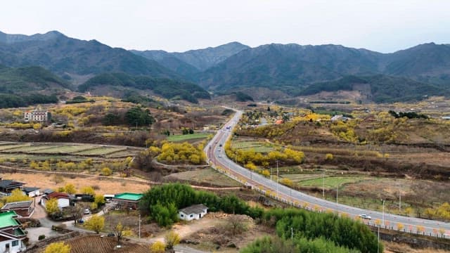 Scenic mountain road with yellow trees