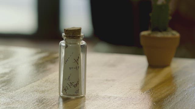 Note in a small glass bottle on a wooden table