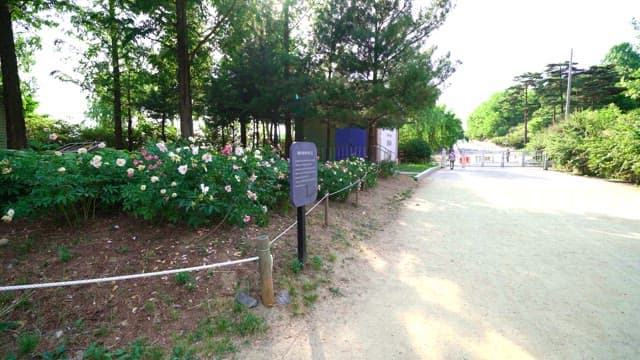 Information board in a park with a flower garden and green trees