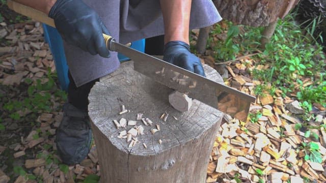 Person carving wood with a saw outdoors