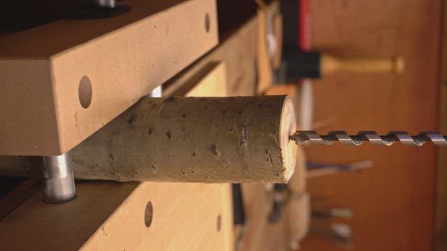 Drilling a hole in a wooden log