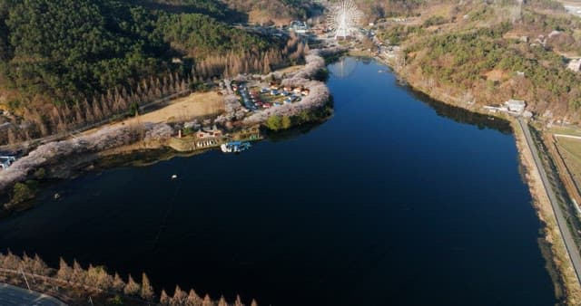 Amusement park near a lake surrounded by forests
