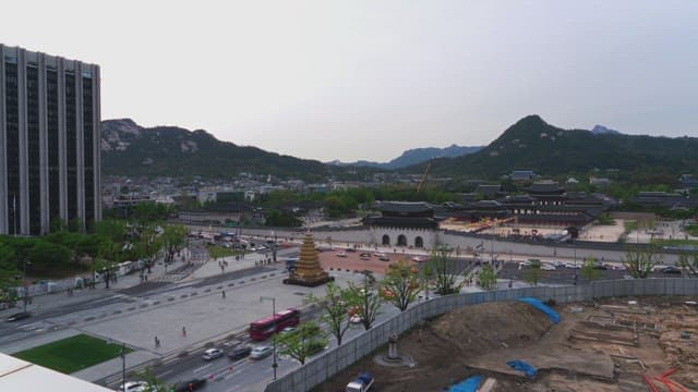 Bustling cityscape with Gyeongbokgung Palace