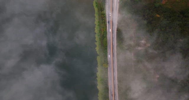 Misty road along a river and forest