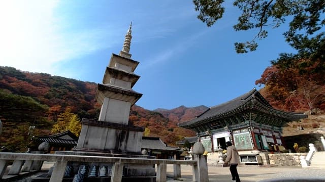 Temple and stone pagoda under a clear and sunny sky
