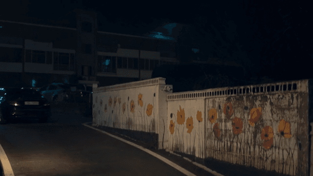 Car Entering Apartment Parking Lot at Night