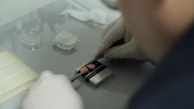 Researcher carefully adjusts the position of pills using tweezers held in a gloved hand