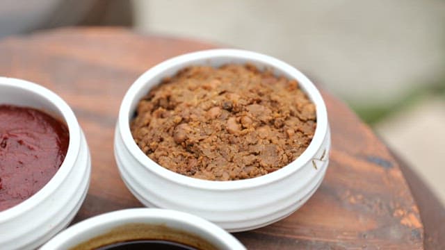 Three different types of fermented sauce on wooden trays