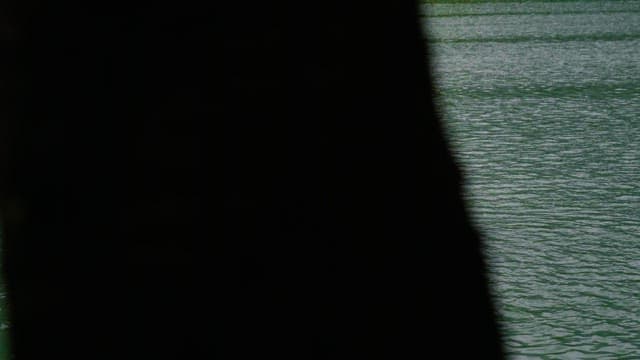 Small wooden hut floating on a calm lake