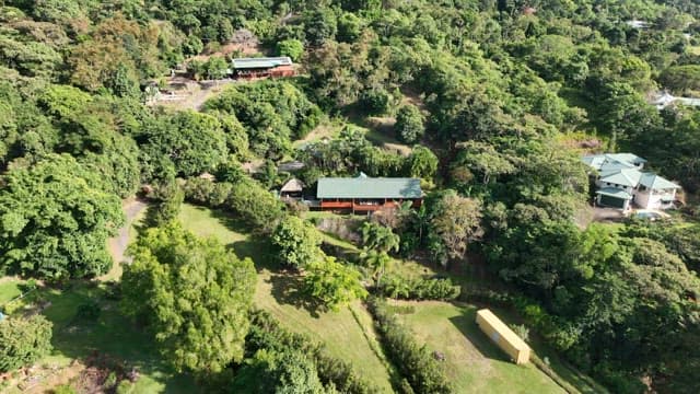Aerial view of a lush green forest and mountains with accommodations