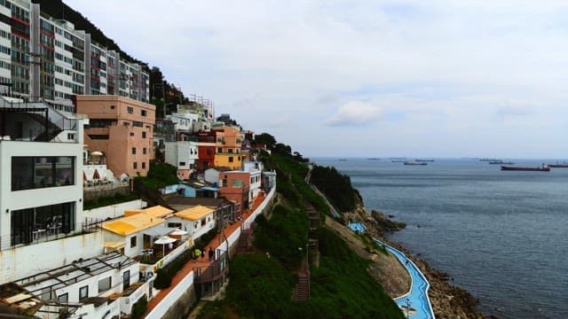 Coastal Town with Colorful Buildings and Sea View