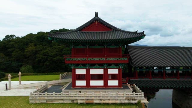 Traditional Korean bridge over a calm river