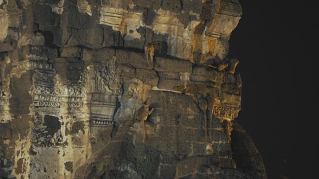 Night View of Stone Architecture Where Monkeys Living