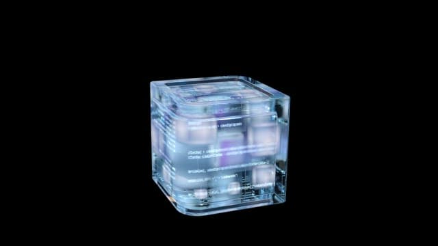 Futuristic Rotating Holographic Cube Displaying Data