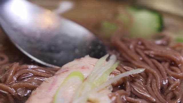 Spoonful of delicious and refreshing cold noodle soup