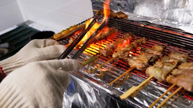 Skewered meat grilling over hot coals