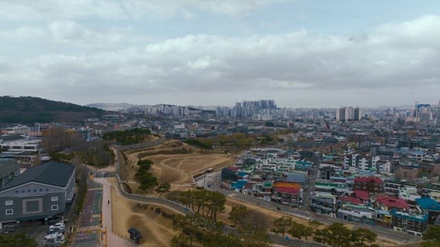 Aerial view of a city with modern buildings