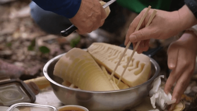 People eating boiled bamboo shoots in the forest