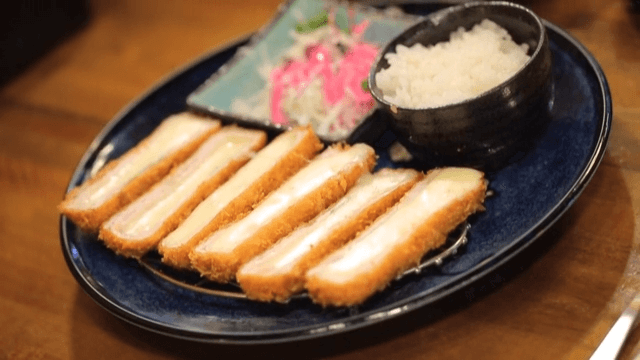 Plate of cheese donkatsu, rice, and salad
