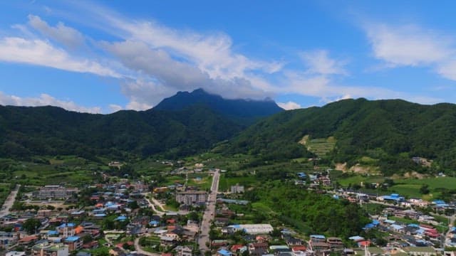 Scenic village surrounded by mountains