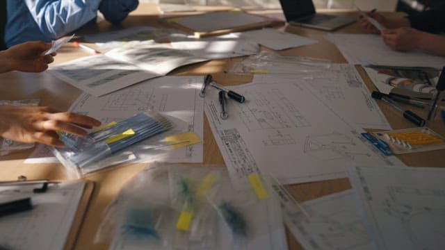 Engineers Collaborating on Design Blueprints