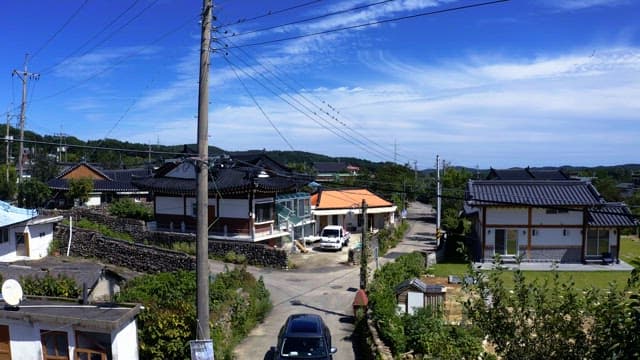 Small town with traditional houses on a sunny day