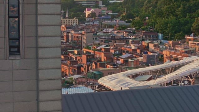 Vibrant cityscape with sunset lighting