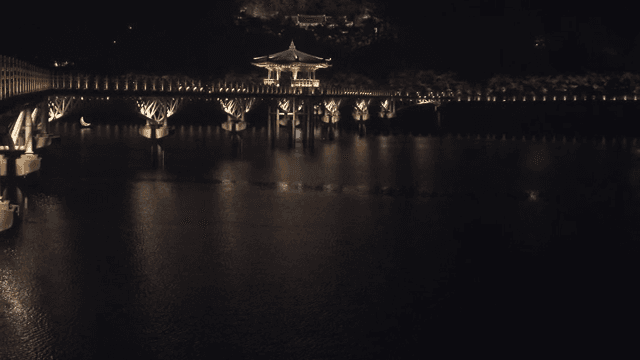 Illuminated Bridge and Pavilion at Night