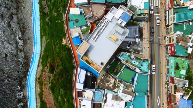 Bird's-eye view of colorful coastal town