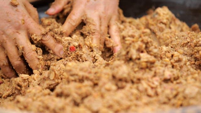 Mashing and mixing boiled soybeans to make fermented soybean lump
