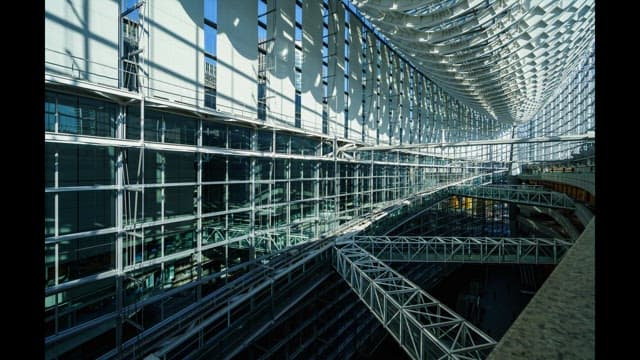 Modern architectural interior with glass and steel