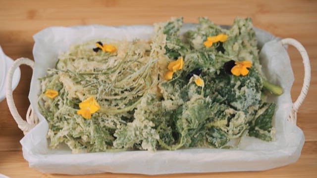 Fresh Vegetable Fritters Topped with Edible Flowers