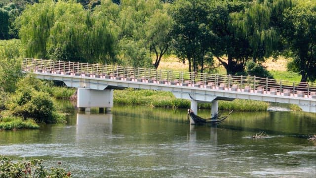 Serene Riverside Setting with Footbridge