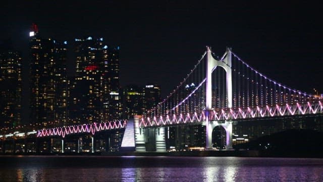 Illuminated Bridge Against with a Bright Night View of the City