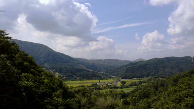 Mountain Village View with Lush Greenery