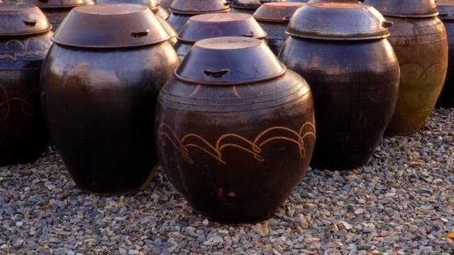 Traditional clay storage jars on a jangdokdae in a rural setting