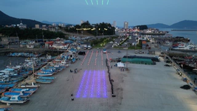 Light show using drones at the port