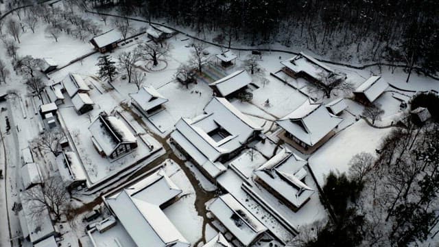 Scenery of snow-covered forest and temple