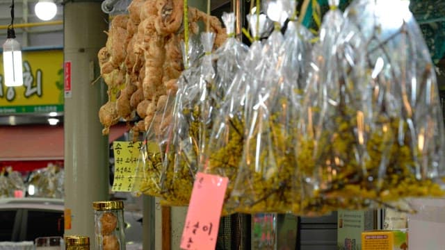 Indoor market stall with traditional dried goods