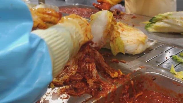 Making kimchi by adding chili pepper seasoning to cabbage