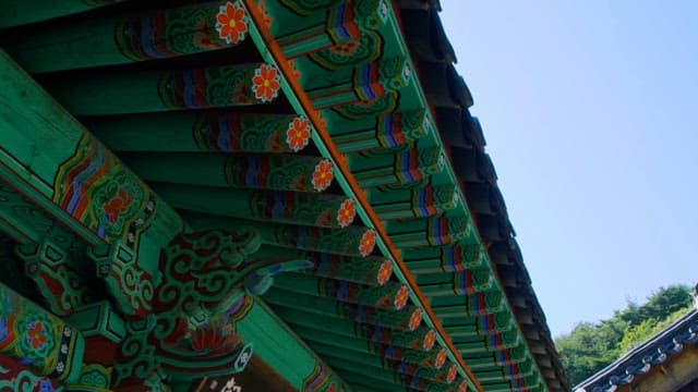 Dancheong of Seonamsa Temple in Korea Under a Blue Sky